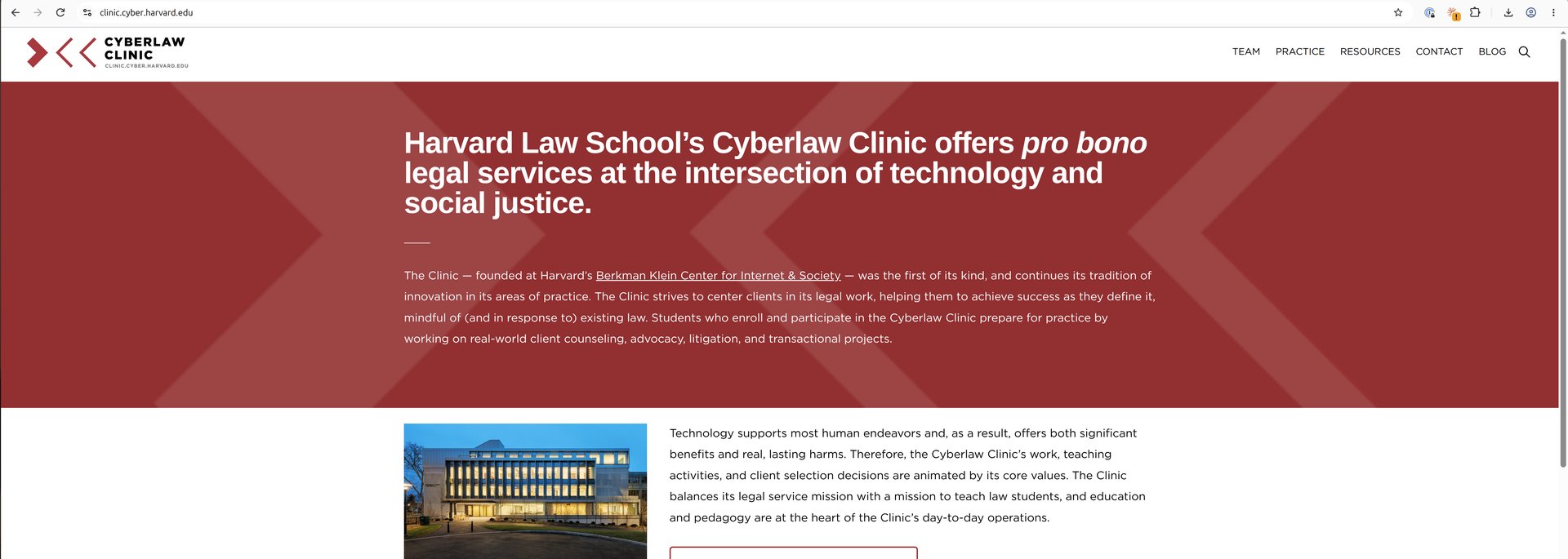 The Cyberlaw Clinic's homepage, with Wasserstein Hall at Harvard Law School.