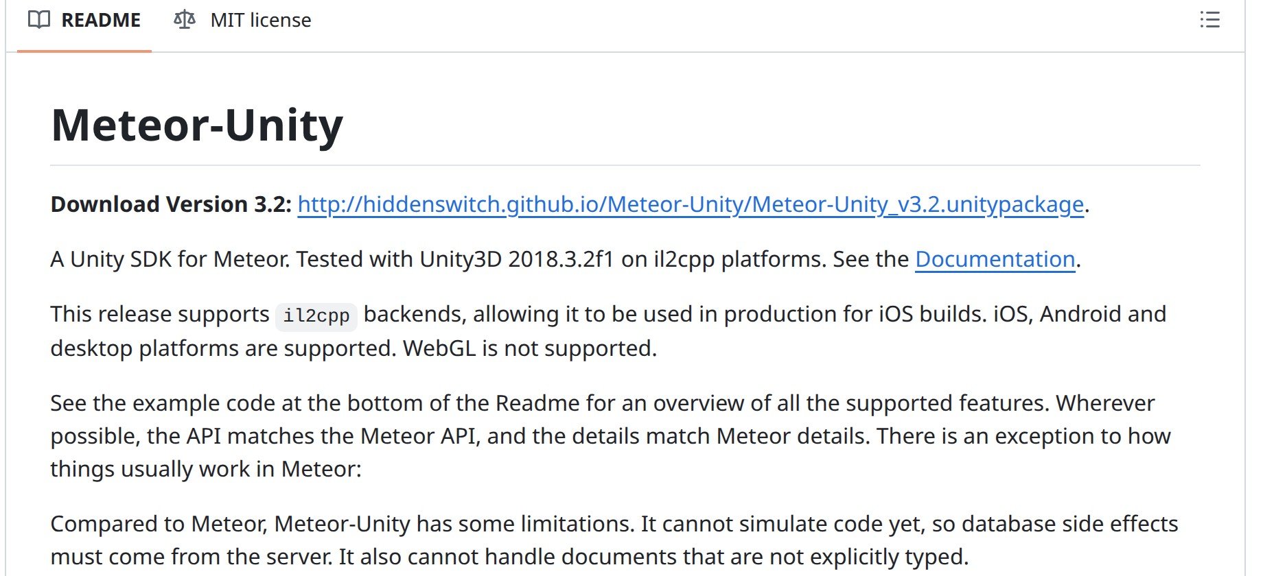 The Meteor-Unity README on GitHub.