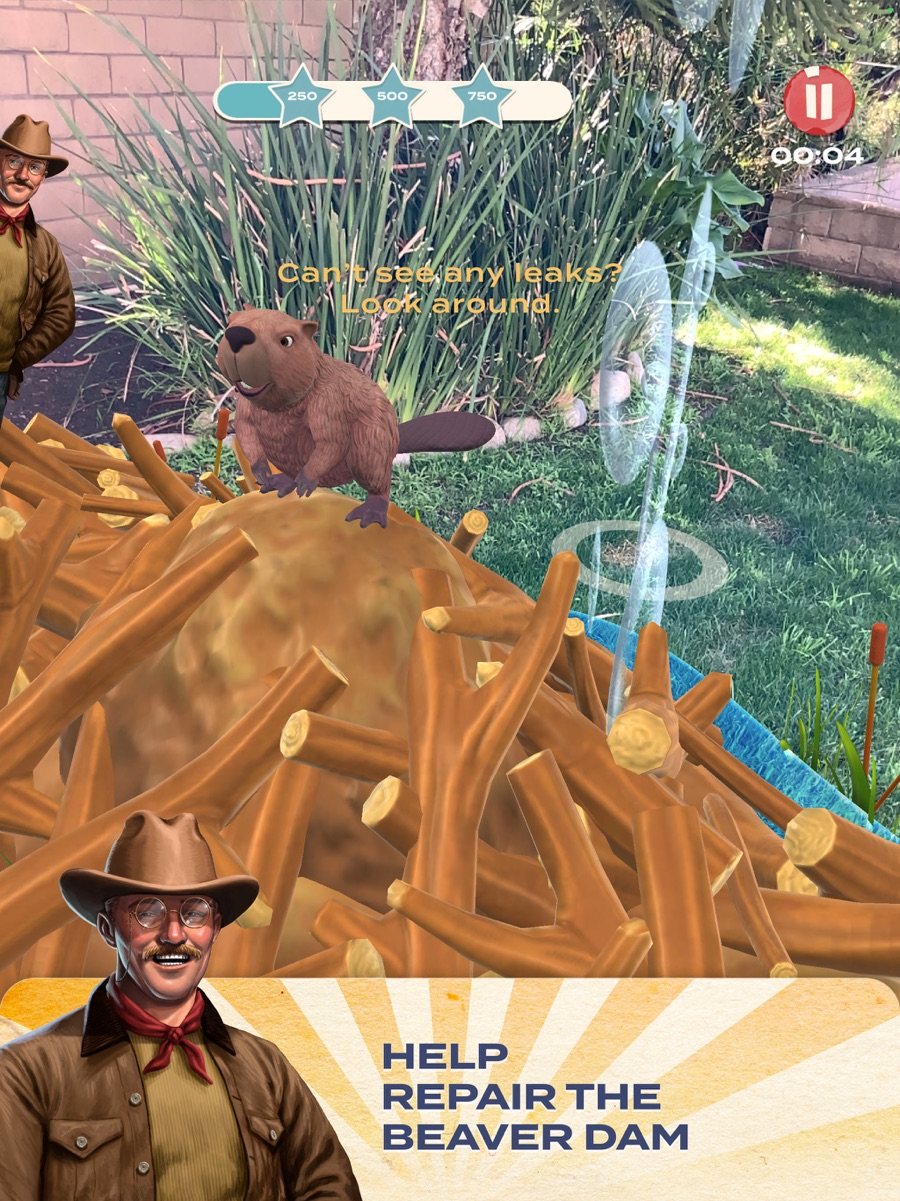 Repair the beaver dam, built onto a scan of the player's own back yard.